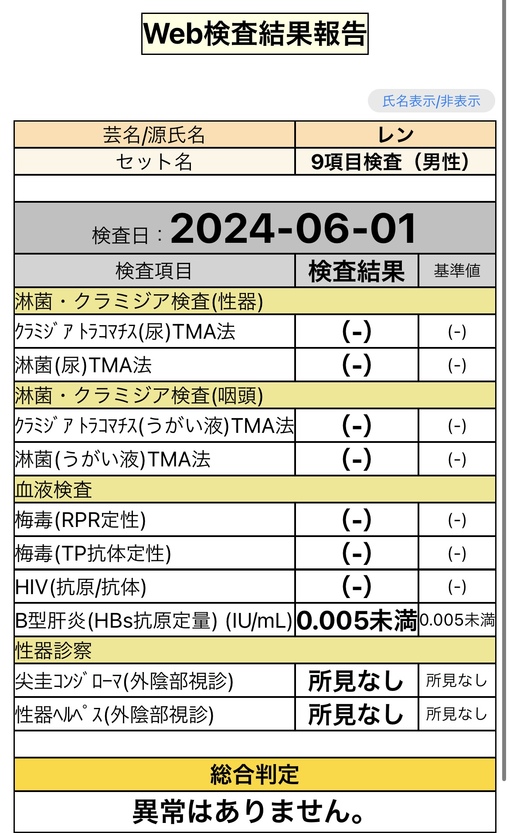 REN （レン） 【性病検査結果】5月もありがとうございました！