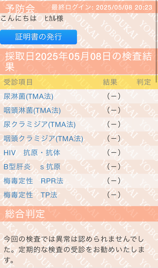 HIKARU（ヒカル） 今月分の陰性検査報告
