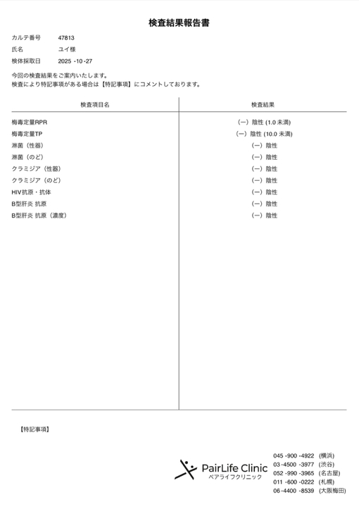 YUI(ユイ) 10月末性病検査結果