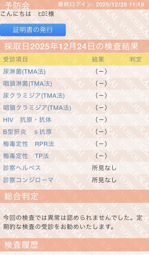 HIROMI（ヒロミ） 性病検査の結果です
