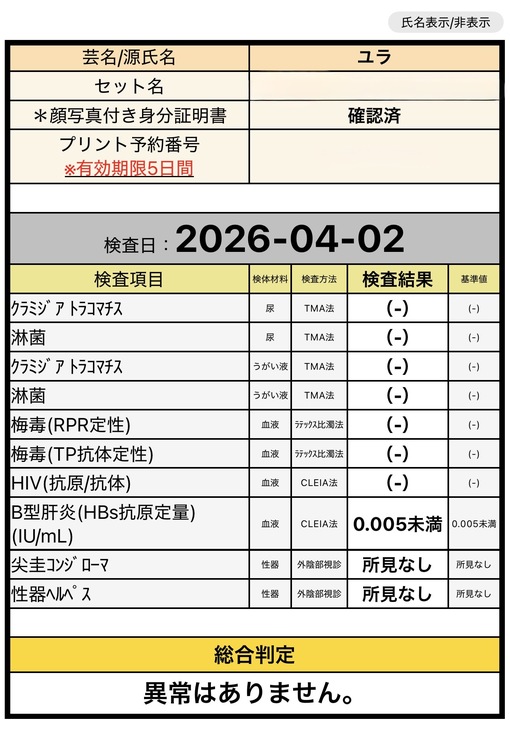 YURA（ユラ） 4月検査異常ありませんでした