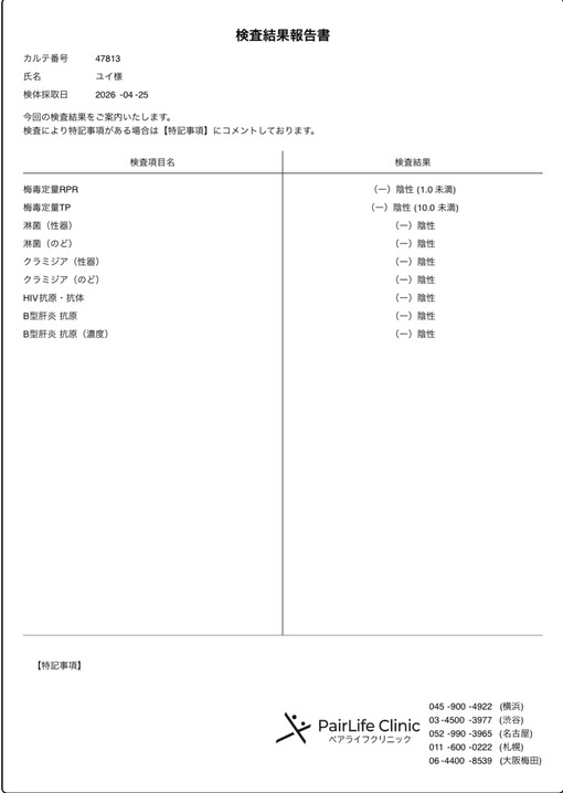YUI（ユイ） 4月末性病検査陰性
