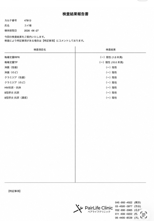YUI（ユイ） 6月末性病検査陰性