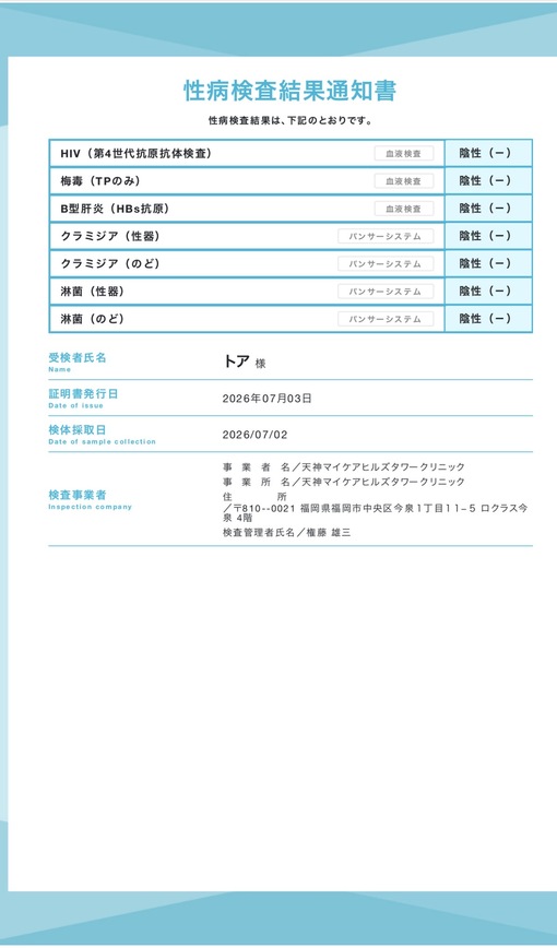 TOA（トア） 7月性病検査結果報告