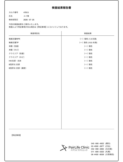 YUI（ユイ） 7月末性病検査陰性