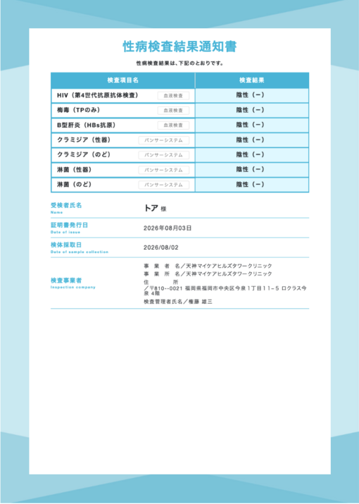 TOA（トア） 8月性病検査オールクリア🙆‍♂️