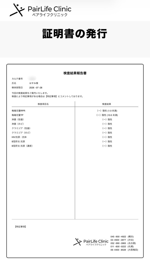 HASUMI（ハスミ） 2026年7月性病検査結果報告